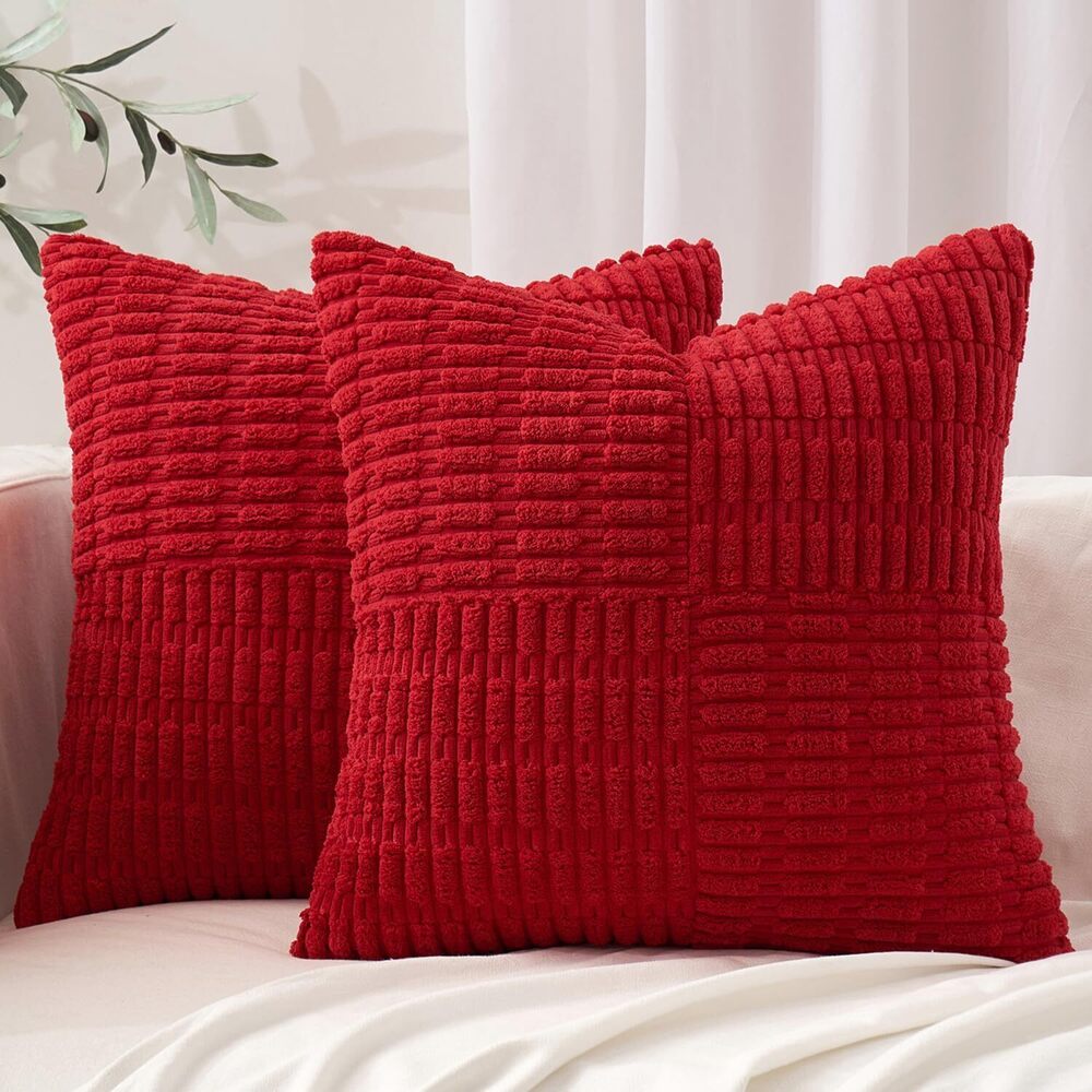9440 Set of 2 Red Decorative Pillow Covers 20x20 Inch Textured Striped